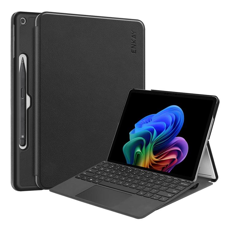 

For Microsoft Surface Pro 12 ENKAY Tri-fold Custer Texture Voltage Leather Stand Tablet Case with Pen Slot(Black)