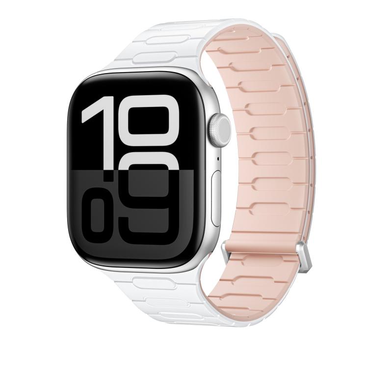 

For Apple Watch 46mm / 49mm / 45mm / 44mm I-Shaped Magnetic Silicone Watch Band(White+Band Pink)