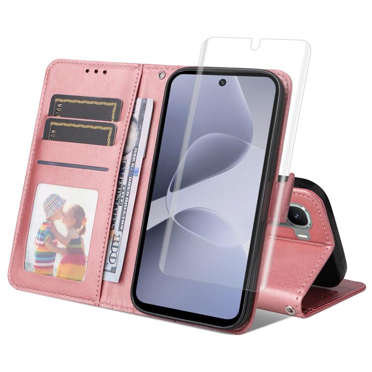 

For Infinix Hot 60 Pro+ ENKAY Card Wallet Calf Texture Leather Phone Case with Full Glue Coverage Soft Hydrogel Film(Pink)
