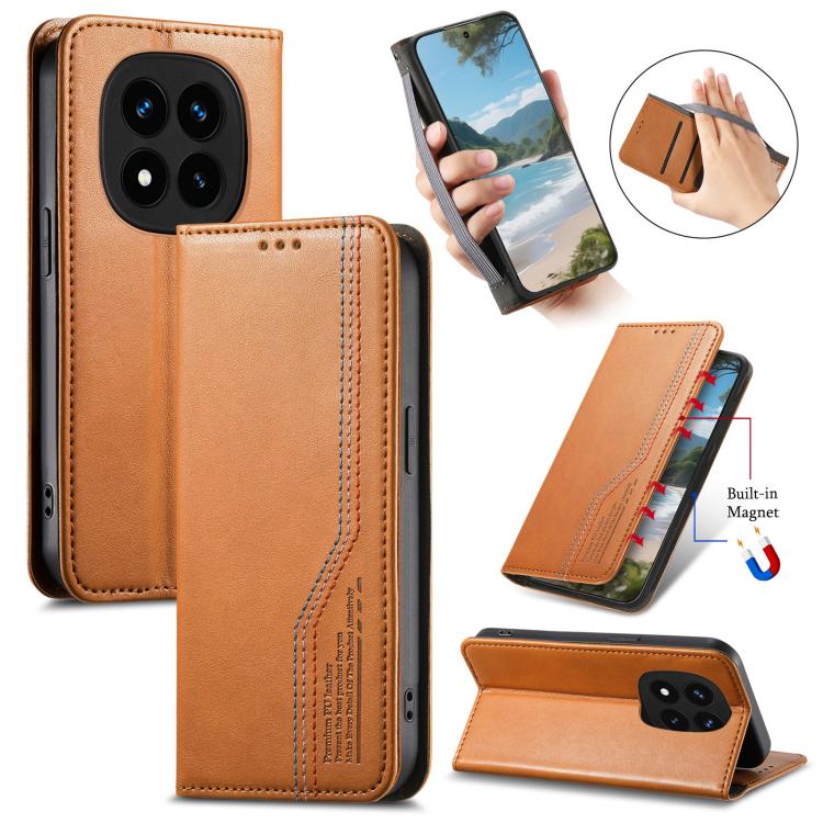 

For Redmi Note 14 Pro+ Elastic Wristband Magnetic Suction Leather Phone Case(Brown)