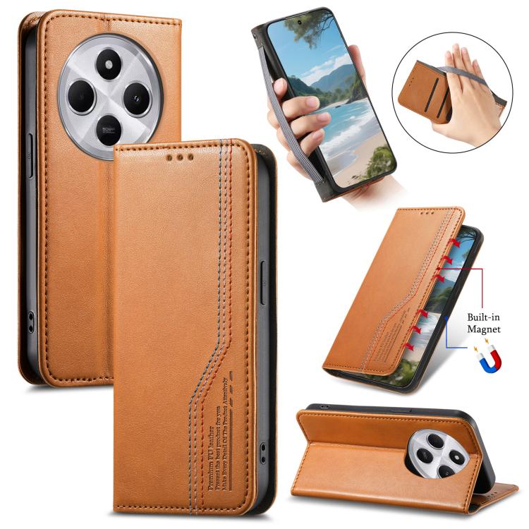 

For Redmi 14C 4G / 5G Elastic Wristband Magnetic Suction Leather Phone Case(Brown)