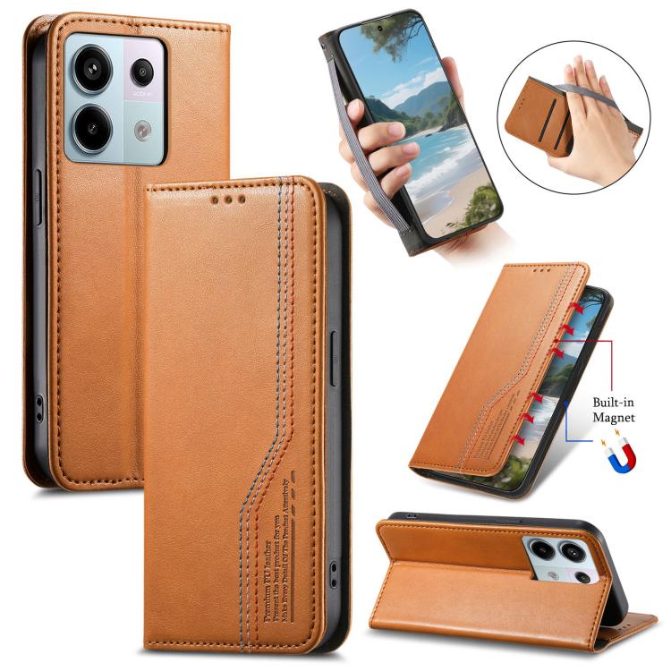 

For Redmi Note 14 4G 164.84mm Elastic Wristband Magnetic Suction Leather Phone Case(Brown)