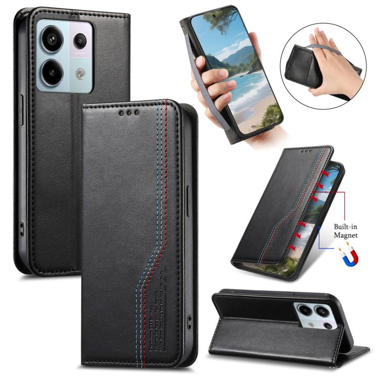 

For Redmi Note 14 4G 164.84mm Elastic Wristband Magnetic Suction Leather Phone Case(Black)