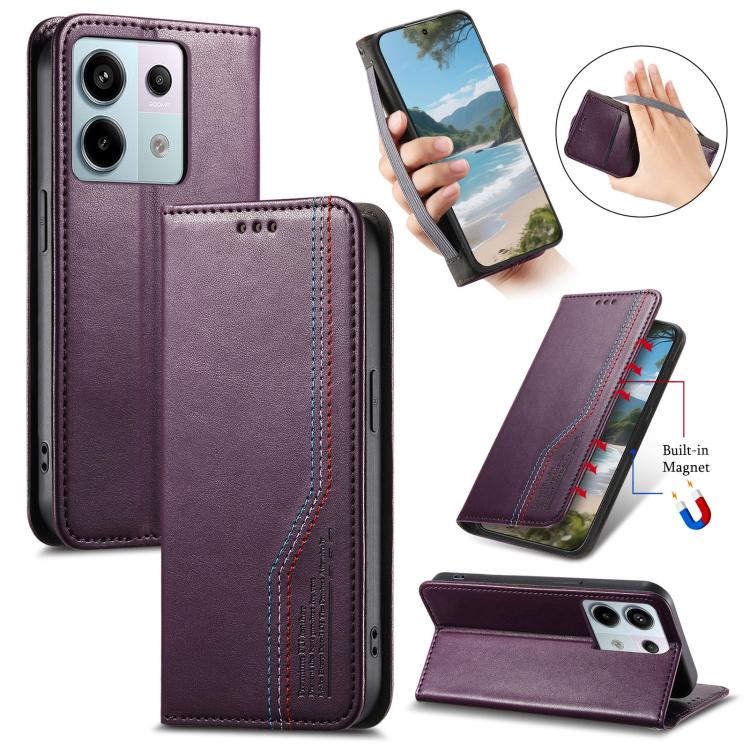 

For Redmi Note 14 4G 164.84mm Elastic Wristband Magnetic Suction Leather Phone Case(Purple)