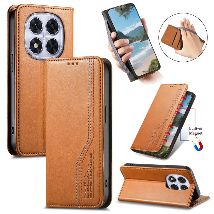 

For Redmi Note 14 Pro 4G Glodal Elastic Wristband Magnetic Suction Leather Phone Case(Brown)