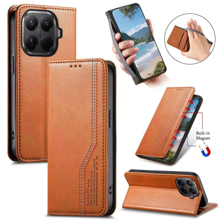 

For Xiaomi 15T Pro Elastic Wristband Magnetic Suction Leather Phone Case(Brown)