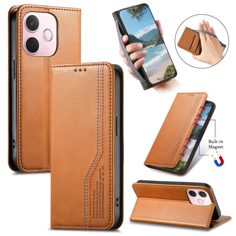 

For OPPO Reno14 F 5G Elastic Wristband Magnetic Suction Leather Phone Case(Brown)
