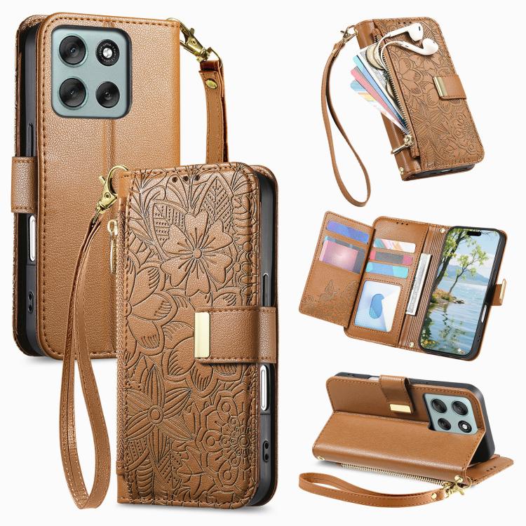 

For Motorola Moto G86 5G Flowers Leaves Zipper Wallet Leather Phone Case with Strap(Brown)