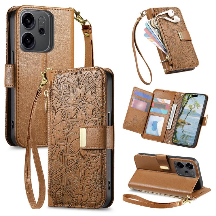 

For OPPO Reno14 F Flowers Leaves Zipper Wallet Leather Phone Case with Strap(Brown)