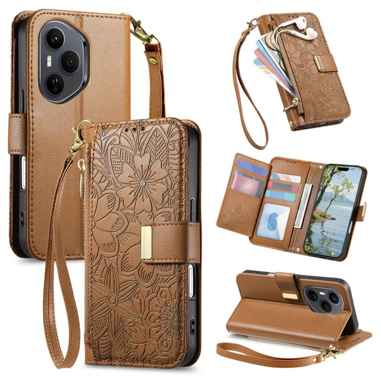 

For Honor 400 Pro Glodal 160.8mm Flowers Leaves Zipper Wallet Leather Phone Case with Strap(Brown)