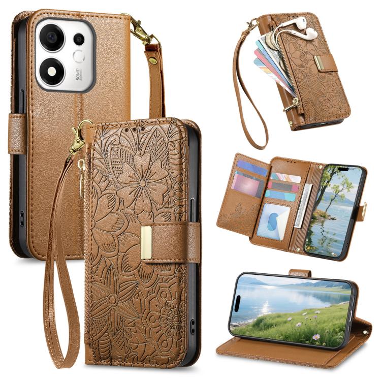 For Honor 600 Smart 5G Flowers Leaves Zipper Wallet Leather Phone Case with Strap(Brown)