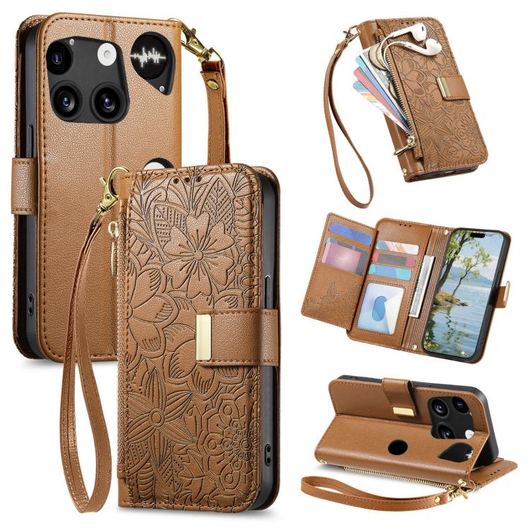 

For Nothing Phone 3 Flowers Leaves Zipper Wallet Leather Phone Case with Strap(Brown)