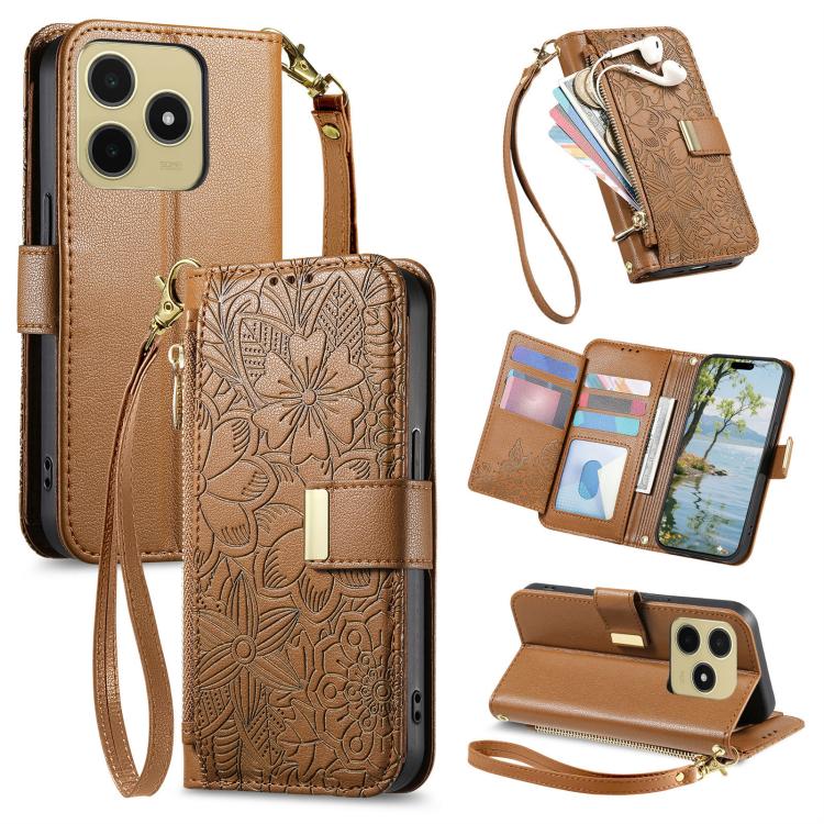 

For Realme C75 4G Flowers Leaves Zipper Wallet Leather Phone Case with Strap(Brown)