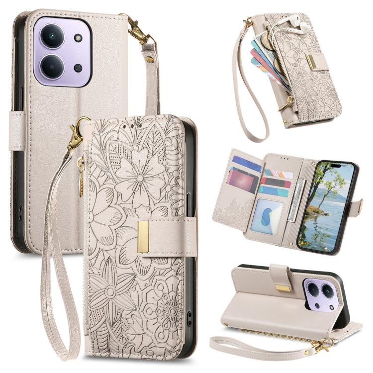 

For Redmi 15C 5G / 4G Global 171mm Flowers Leaves Zipper Wallet Leather Phone Case with Strap(Khaki)