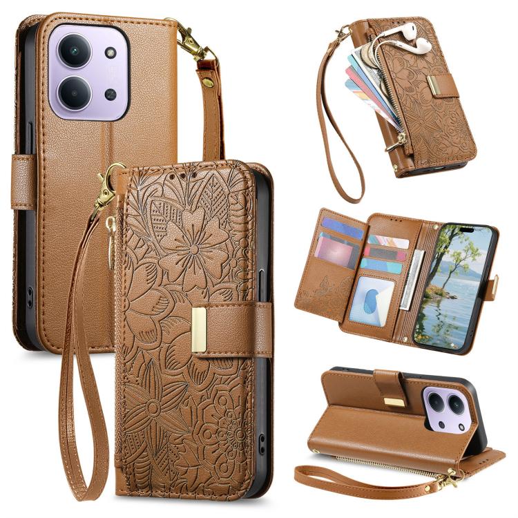 

For Redmi 15C 5G / 4G EU 173mm Flowers Leaves Zipper Wallet Leather Phone Case with Strap(Brown)