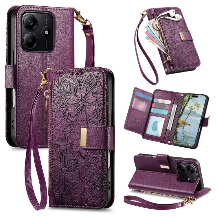 

For Redmi Note 14 5G Flowers Leaves Zipper Wallet Leather Phone Case with Strap(Purple)