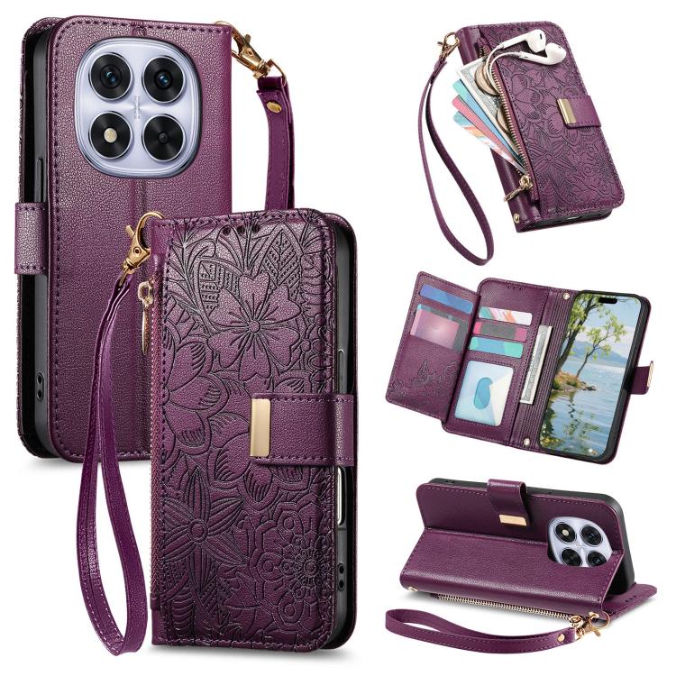 

For Redmi Note 14 Pro 5G Flowers Leaves Zipper Wallet Leather Phone Case with Strap(Purple)