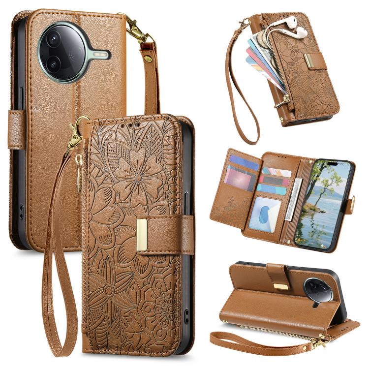 

For Redmi K80 Pro / Poco F7 Ultra Flowers Leaves Zipper Wallet Leather Phone Case with Strap(Brown)