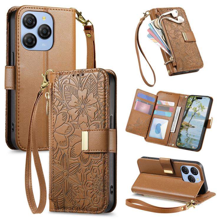 

For Blackview Shark 9 5G Flowers Leaves Zipper Wallet Leather Phone Case with Strap(Brown)