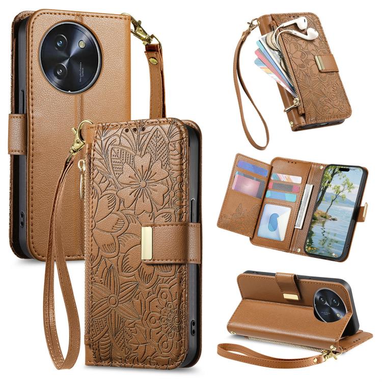 

For Doogee Note 59 Flowers Leaves Zipper Wallet Leather Phone Case with Strap(Brown)
