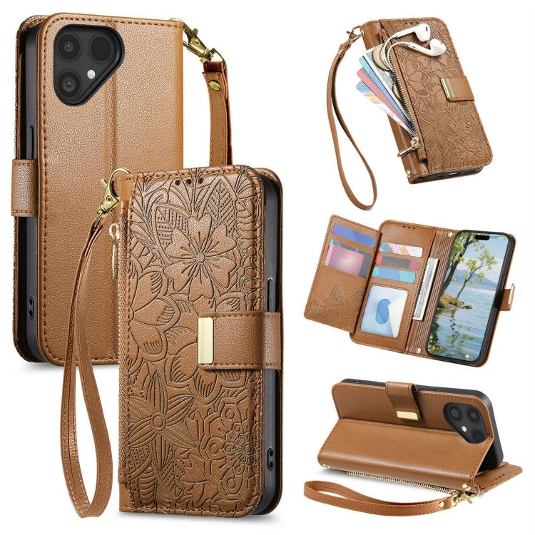 

For Fairphone 6 Flowers Leaves Zipper Wallet Leather Phone Case with Strap(Brown)