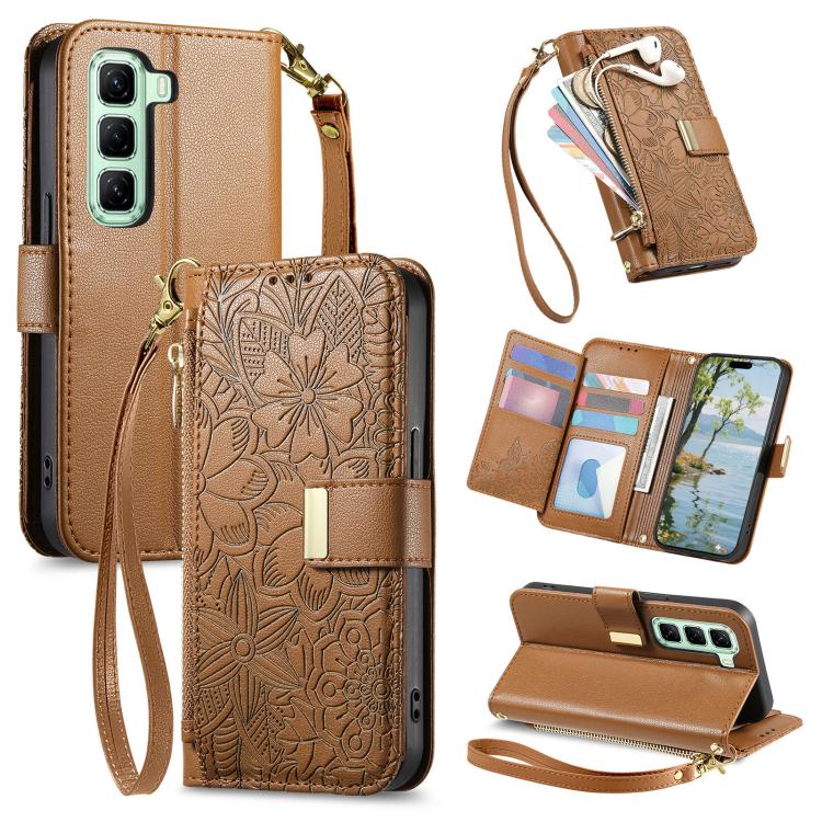 

For Infinix Hot 50 Pro+ Flowers Leaves Zipper Wallet Leather Phone Case with Strap(Brown)