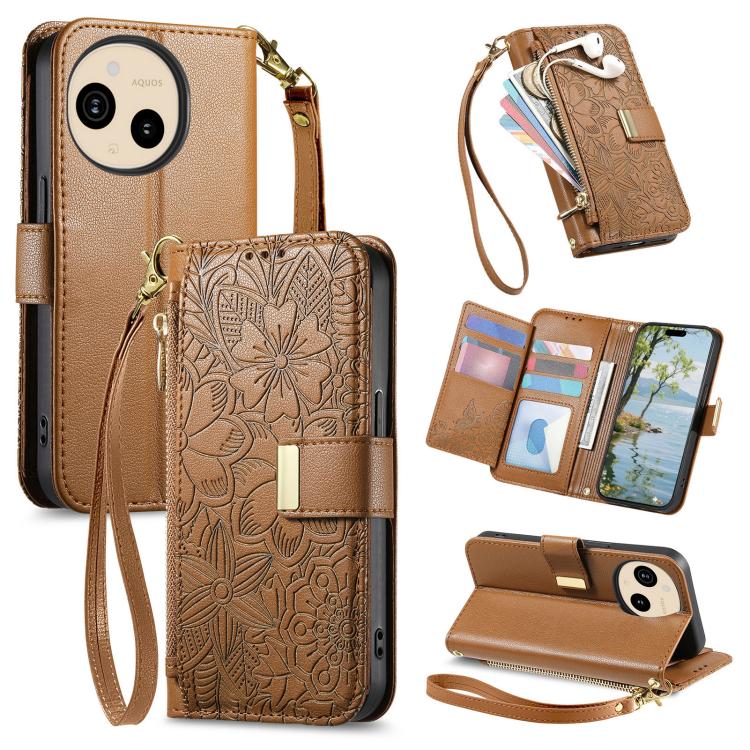 

For Sharp Aquos Sense9 Flowers Leaves Zipper Wallet Leather Phone Case with Strap(Brown)