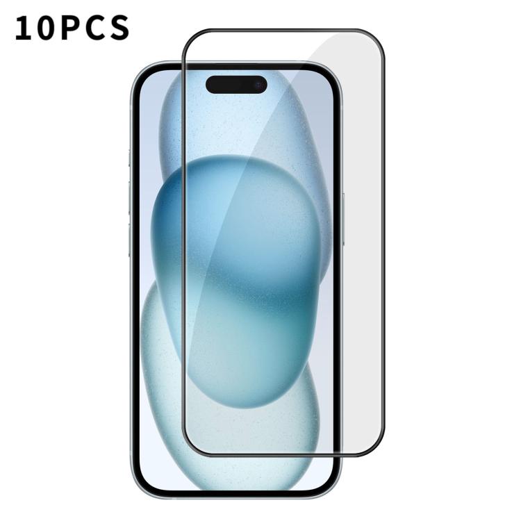 For iPhone 15 Plus 10pcs Kalebol High-Aluminum Screen-Printed Full-Coverage Anti-Fingerprint Black-Bordered HD Tempered Glass Film