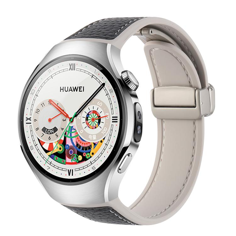 

For Huawei Watch 5 46mm Silicone Hybrid Leather Magnetic Buckle Watch Band(Black Lychee Grain Starlight)