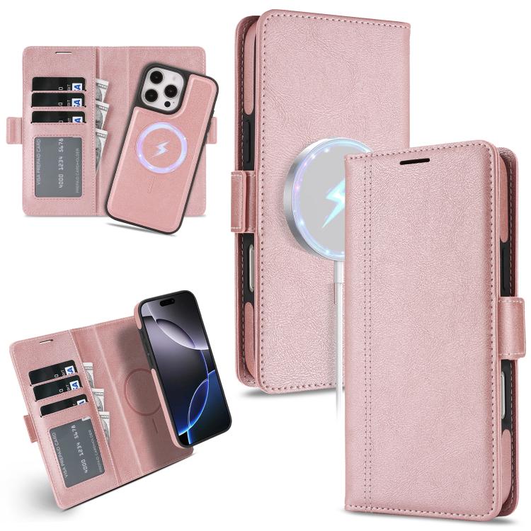 

For iPhone 16 Pro Max Kalebol Strong Magnetic MagSafe Ring 2 In 1 Split Leather Phone Case(Rose Gold)