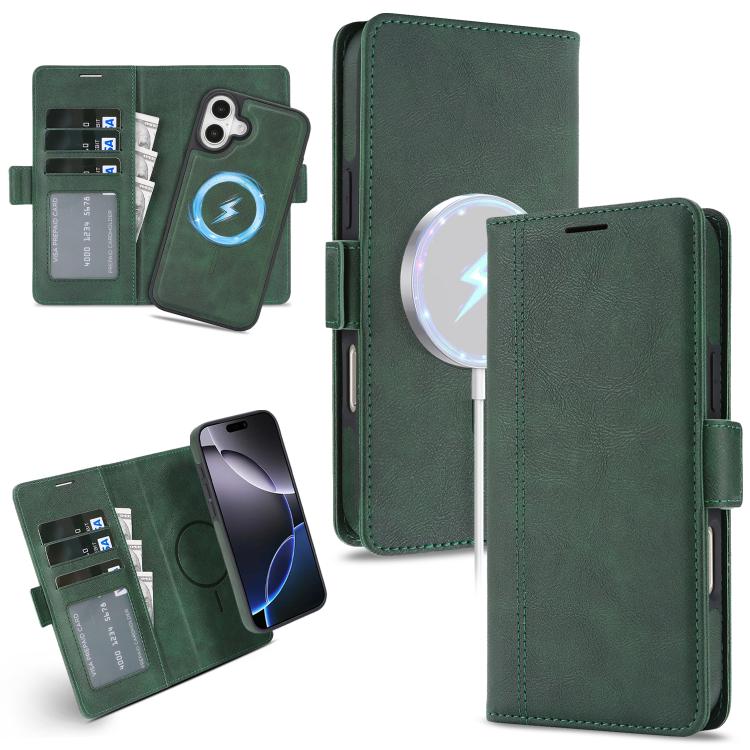 

For iPhone 16 Plus Kalebol Strong Magnetic MagSafe Ring 2 In 1 Split Leather Phone Case(Green)