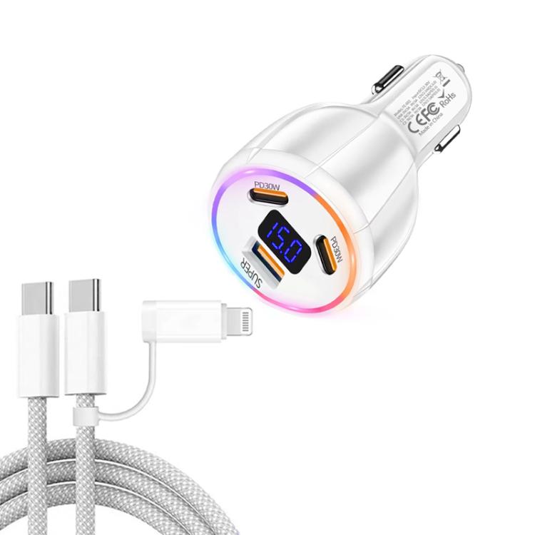 

TE-S02 Display Screen PD30W x 2 + QC 30W Car Charger with Type-C to Type-C / 8-pin Data Cable(White)