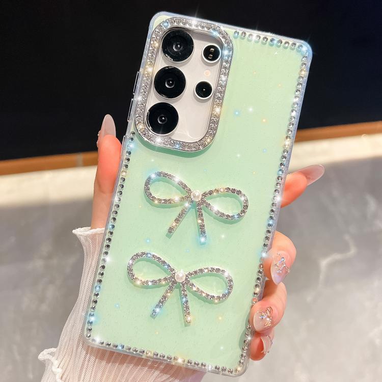 

For Samsung Galaxy S25 Ultra 5G Diamond Glitter Dual Bow-knot Shockproof Phone Case(Light Green)