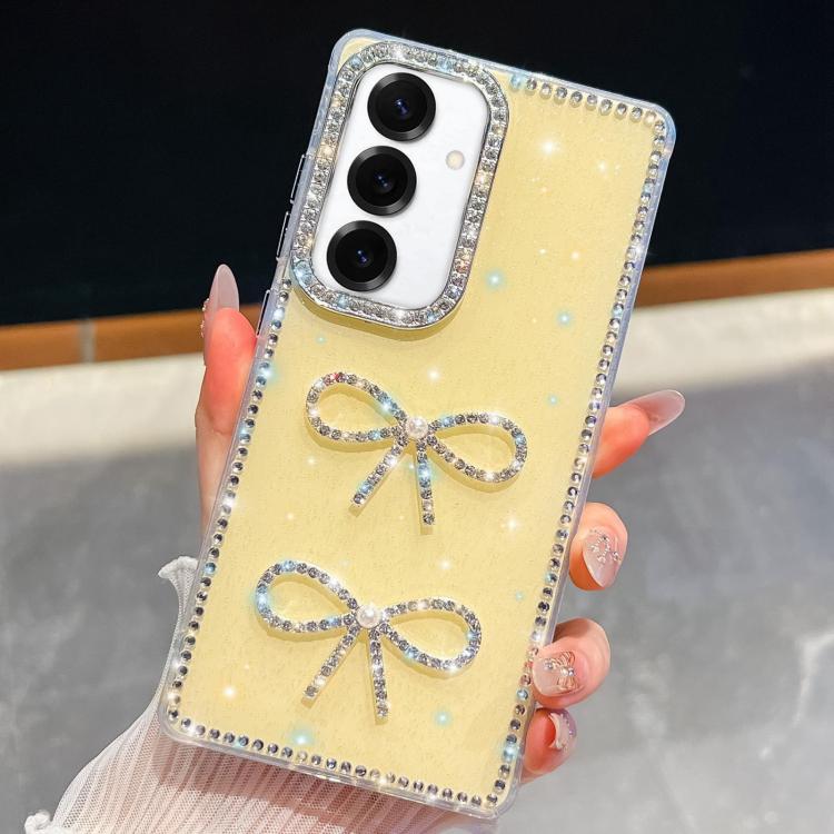 For Samsung Galaxy S24+ 5G Diamond Glitter Dual Bow-knot Shockproof Phone Case(Light Yellow)