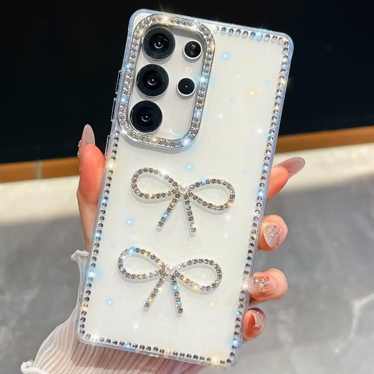 For Samsung Galaxy S23 Ultra 5G Diamond Glitter Dual Bow-knot Shockproof Phone Case(White)