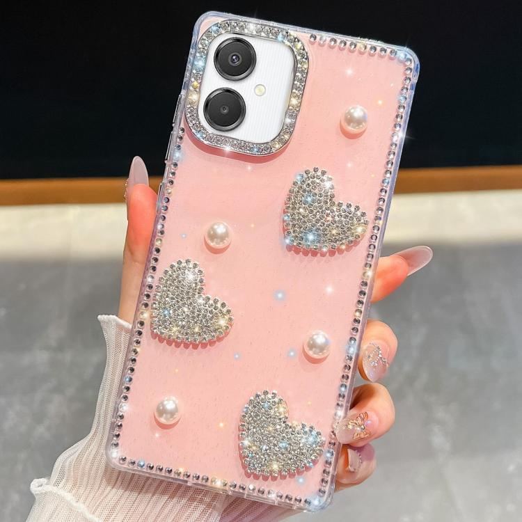 

For Samsung Galaxy A07 5G Diamond Glitter Pearl Heart Four-Corner Shockproof Phone Case(Light Pink)