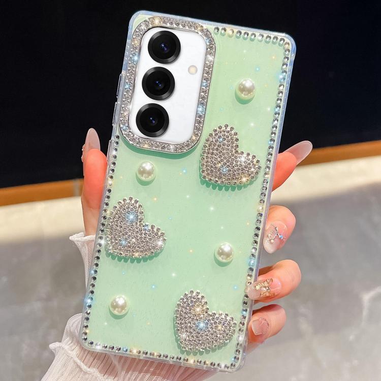 

For Samsung Galaxy S25 5G Diamond Glitter Pearl Heart Four-Corner Shockproof Phone Case(Light Green)