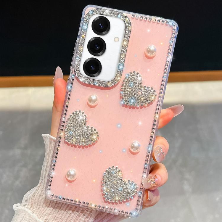 

For Samsung Galaxy S25+ 5G Diamond Glitter Pearl Heart Four-Corner Shockproof Phone Case(Light Pink)