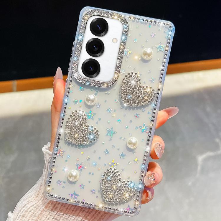 

For Samsung Galaxy S25+ 5G Diamond Glitter Pearl Heart Four-Corner Shockproof Phone Case(Transparent Stars)
