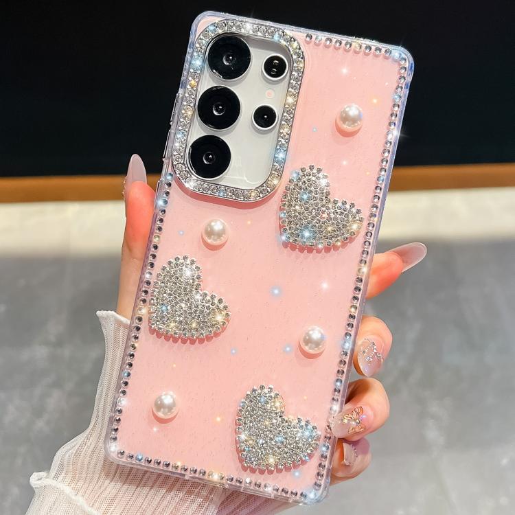 

For Samsung Galaxy S25 Ultra 5G Diamond Glitter Pearl Heart Four-Corner Shockproof Phone Case(Light Pink)