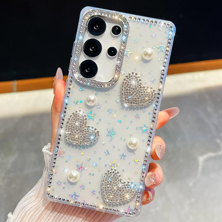

For Samsung Galaxy S25 Ultra 5G Diamond Glitter Pearl Heart Four-Corner Shockproof Phone Case(Transparent Stars)