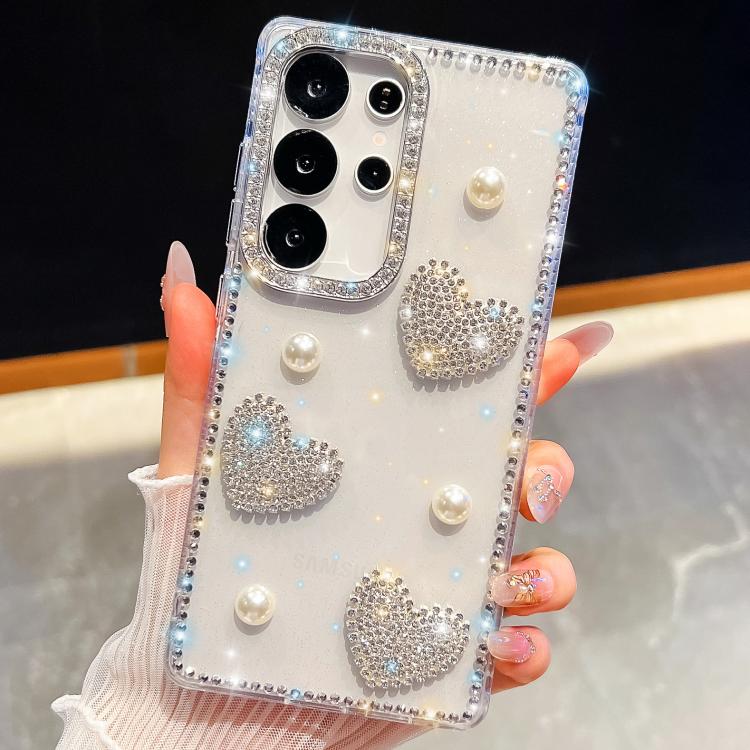 

For Samsung Galaxy S25 Ultra 5G Diamond Glitter Pearl Heart Four-Corner Shockproof Phone Case(Transparent)