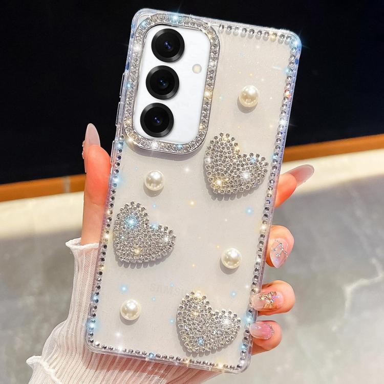 

For Samsung Galaxy S24 FE 5G Diamond Glitter Pearl Heart Four-Corner Shockproof Phone Case(Transparent)