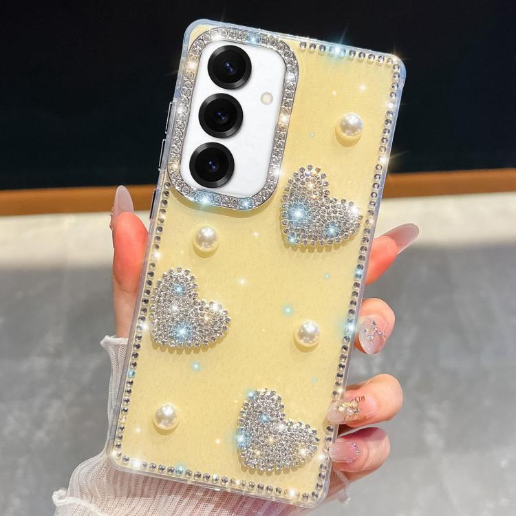 For Samsung Galaxy S24+ 5G Diamond Glitter Pearl Heart Four-Corner Shockproof Phone Case(Light Yellow)