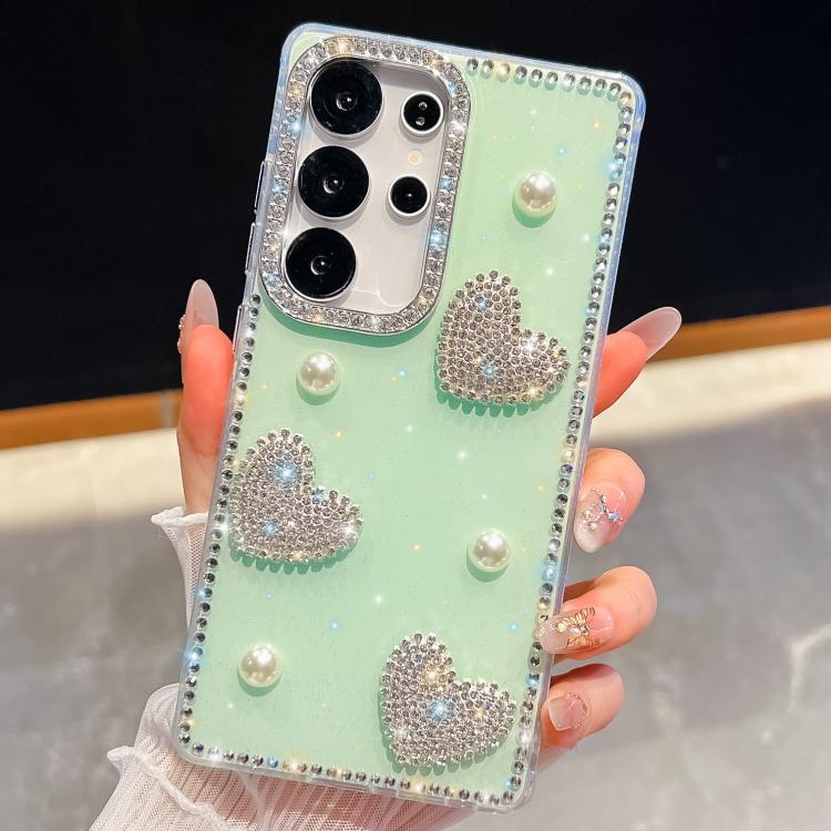 

For Samsung Galaxy S23 Ultra 5G Diamond Glitter Pearl Heart Four-Corner Shockproof Phone Case(Light Green)