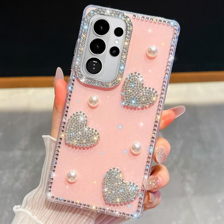 

For Samsung Galaxy S26 Ultra 5G Diamond Glitter Pearl Heart Four-Corner Shockproof Phone Case(Light Pink)