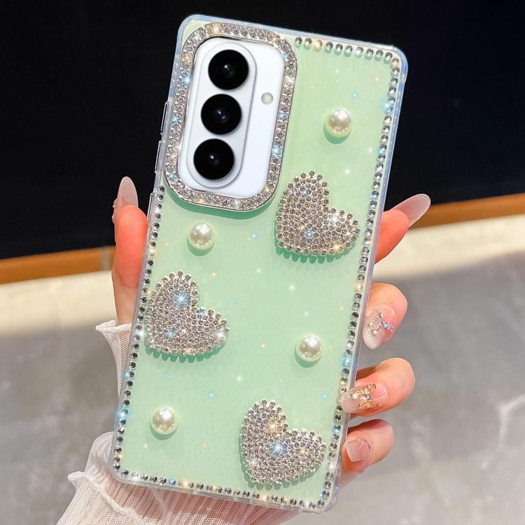 

For Samsung Galaxy S26 5G Diamond Glitter Pearl Heart Four-Corner Shockproof Phone Case(Light Green)