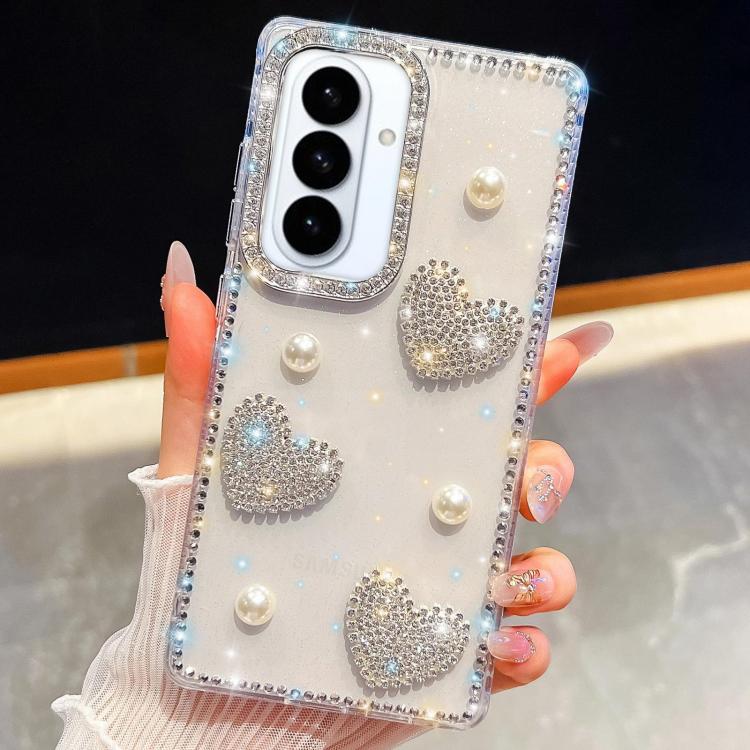 

For Samsung Galaxy S26 5G Diamond Glitter Pearl Heart Four-Corner Shockproof Phone Case(Transparent)