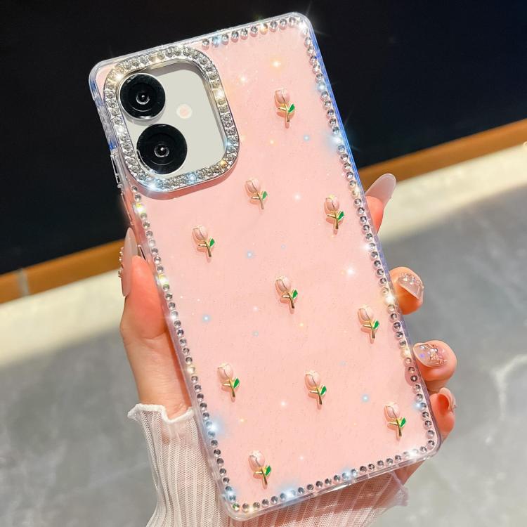 

For Samsung Galaxy A07 5G Rhinestone Glitter 3D Tulip Four-Corner Shockproof Phone Case(Light Pink)