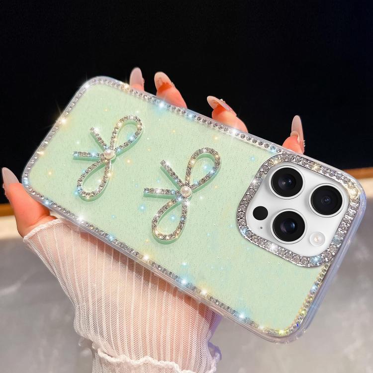 

For iPhone 16 Pro Max Diamond Glitter Dual Bow-knot Shockproof Phone Case(Light Green)